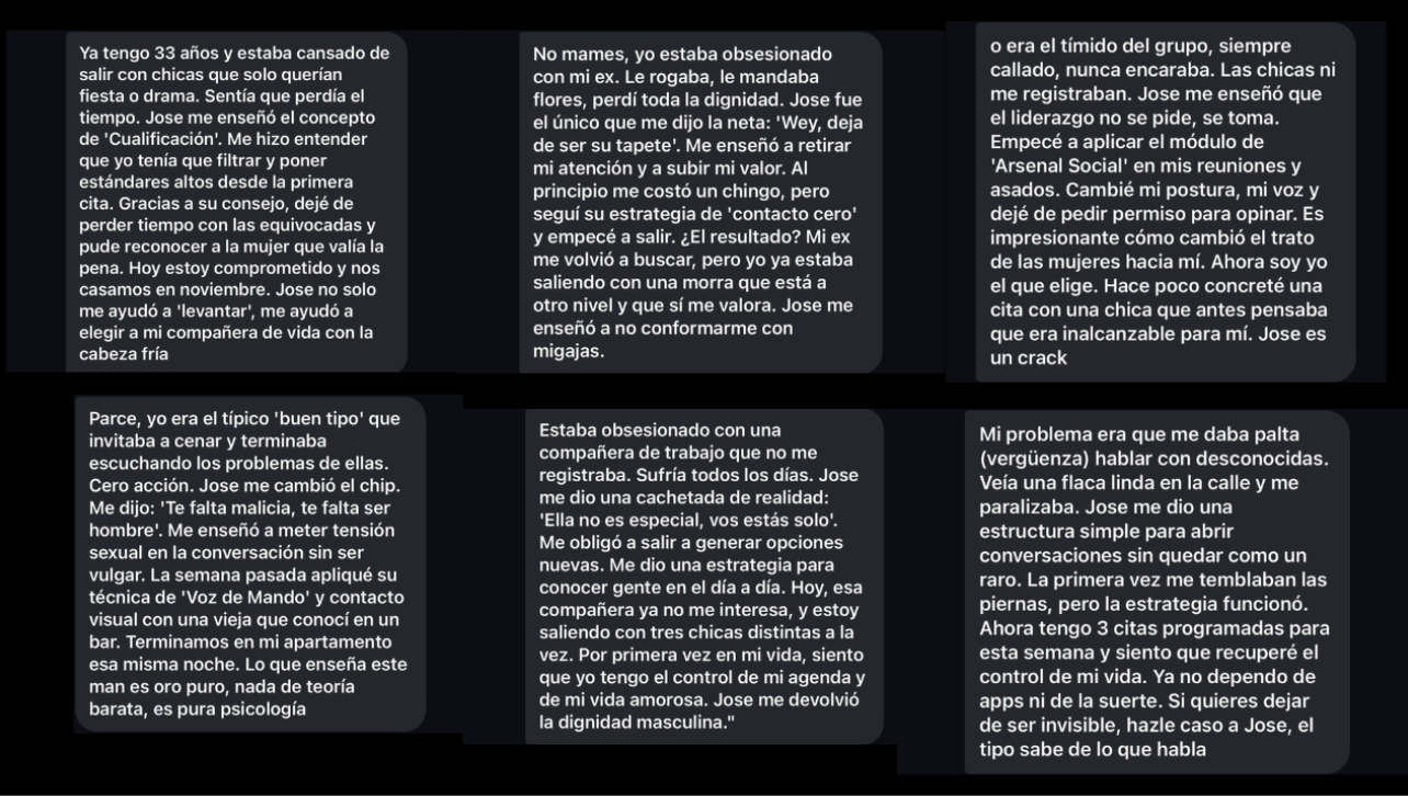 Capturas de mensajes de alumnos contando sus resultados con José